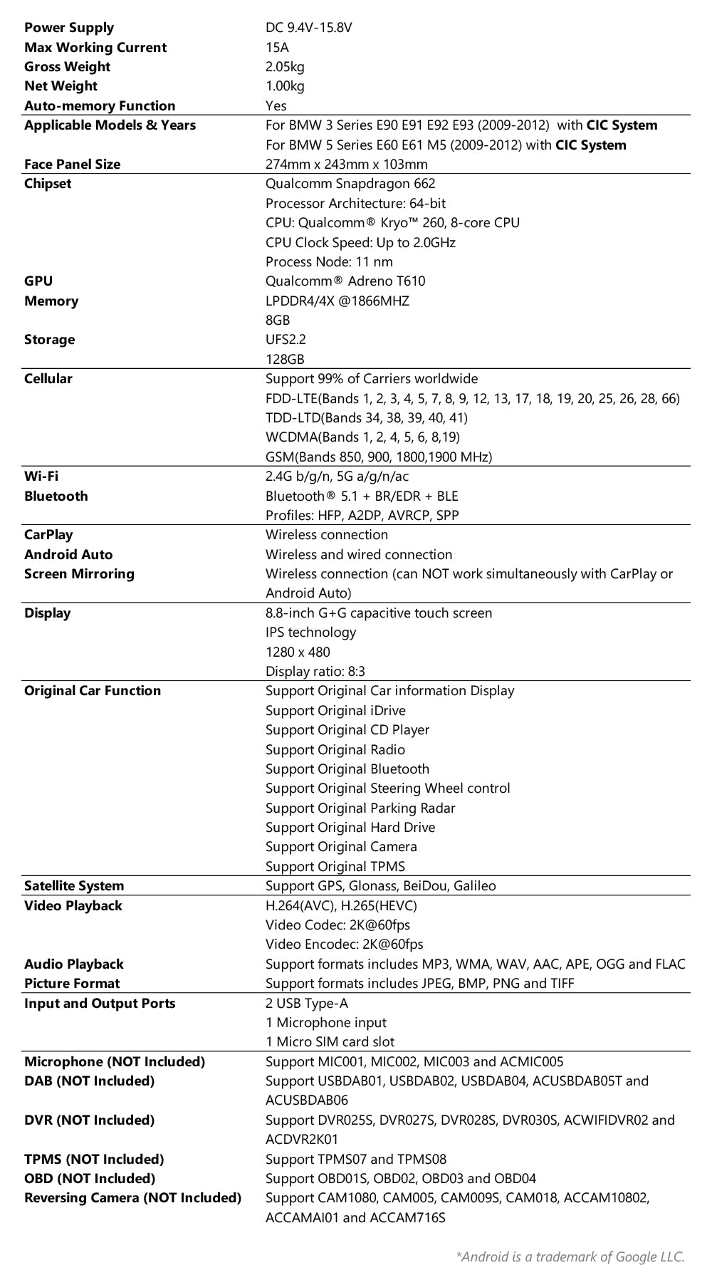 Xtrons 8.8" Head Unit Display Upgrade For BMW 3/5 Series & M3/M5 E9X, E6X 2009-2012 (CIC) | 8GB RAM & 128GB ROM