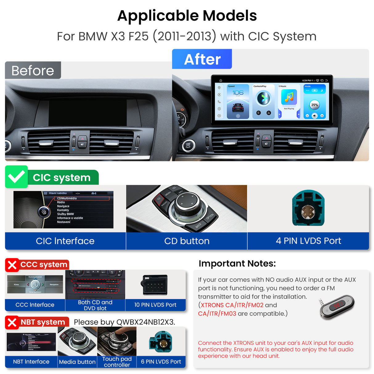 Xtrons 12.3" Head Unit Display Upgrade For BMW X3/X4 F25/F26 2011-2013 (CIC) | 8GB RAM & 256GB ROM