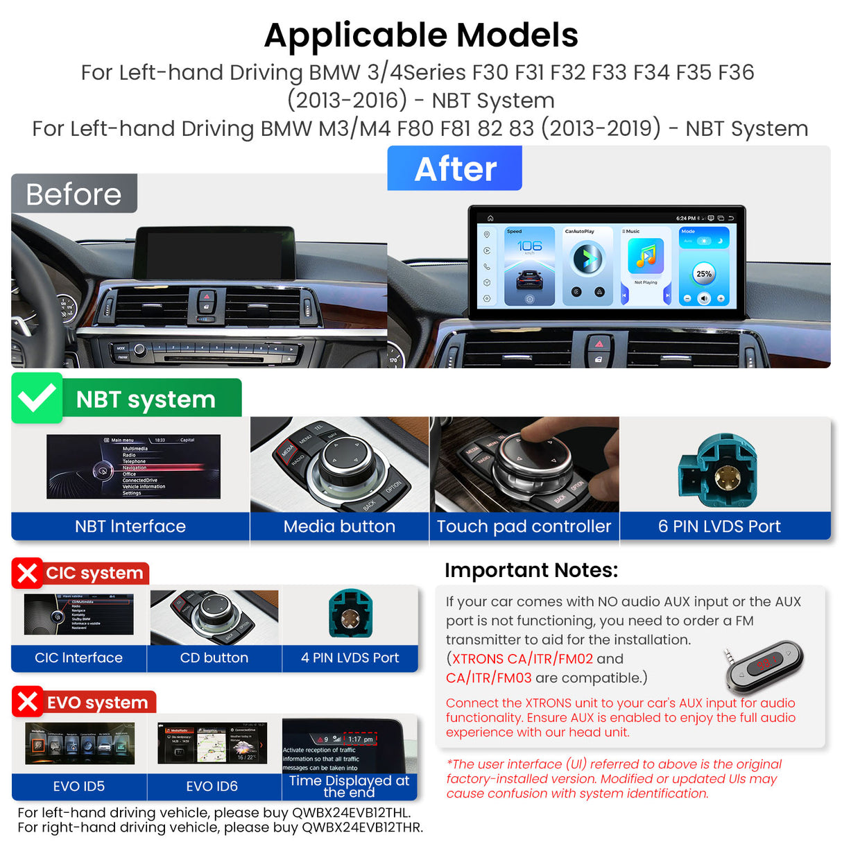 Xtrons 12.3" Head Unit Display Upgrade For BMW F3X 3/4 Series & F8X M3/M4 2013-2016 (NBT) | 8GB RAM & 256GB ROM