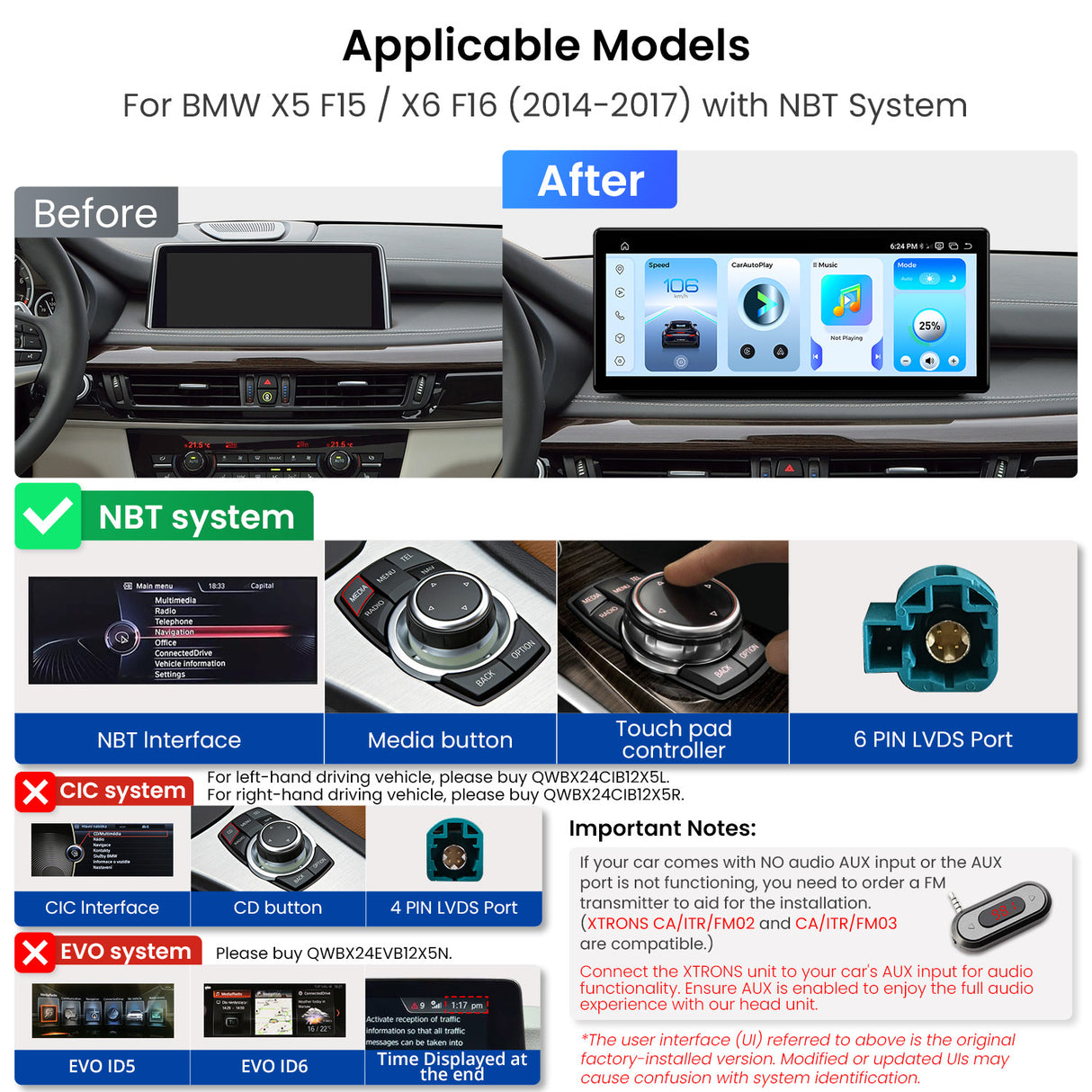 Xtrons 12.3" Head Unit Display Upgrade For BMW X5/X6 X5M/X6M F15/F16 F85/F86 2014-2017 (NBT) | 8GB RAM & 256GB ROM