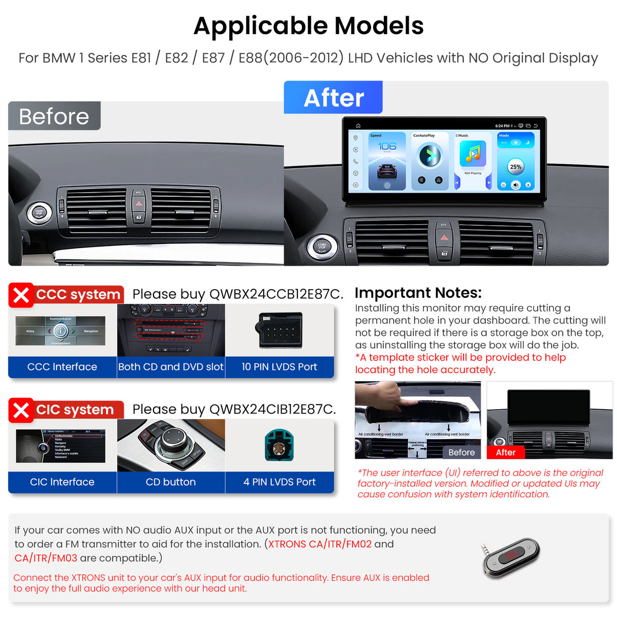 Xtrons 12.3" Head Unit Display Upgrade For BMW 1 Series E8X 2007-2013 (No Original Display) | 8GB RAM & 256GB ROM