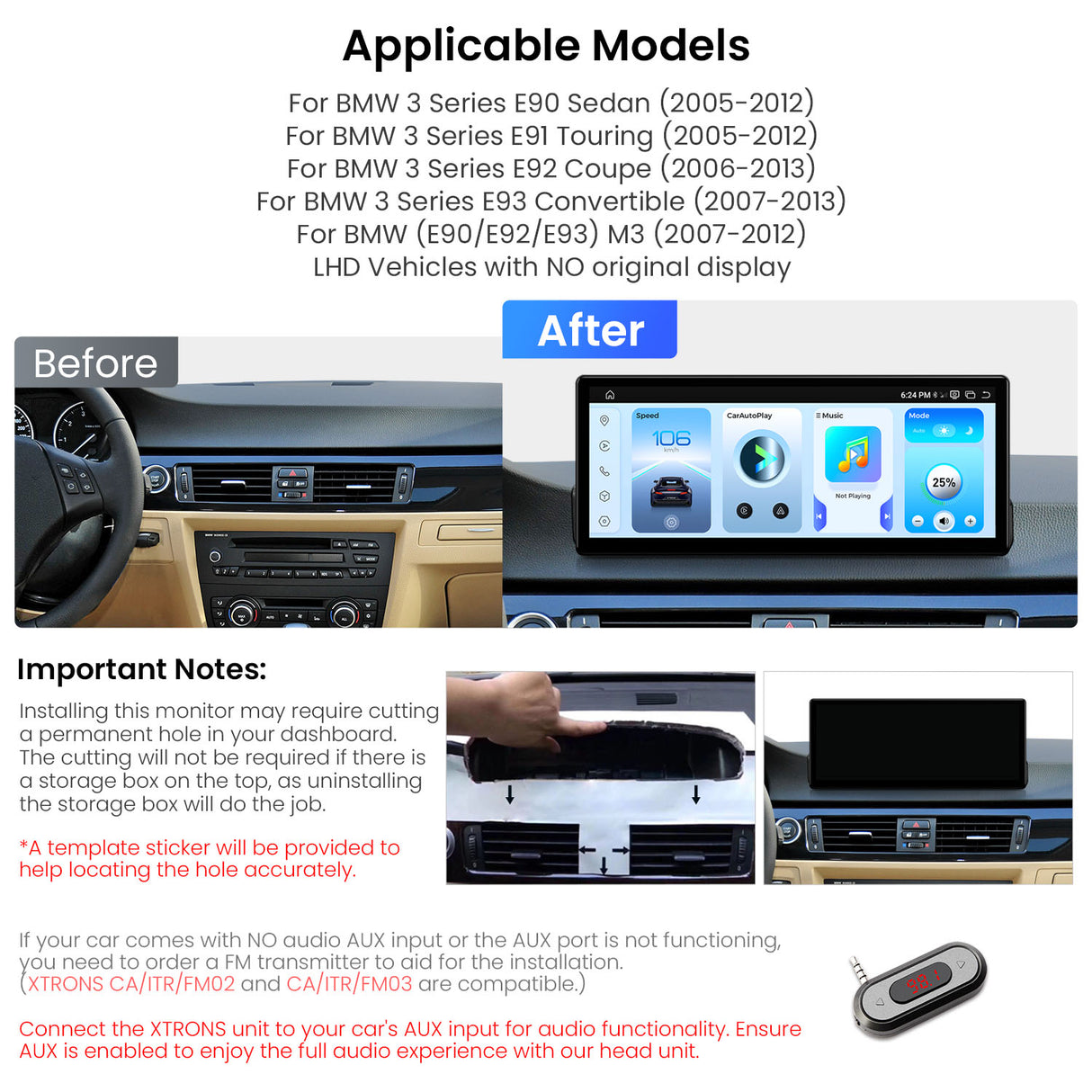 Xtrons 12.3" Head Unit Display Upgrade For BMW 3 Series/M3 E9X (No Original Display) | 8GB RAM & 256GB ROM