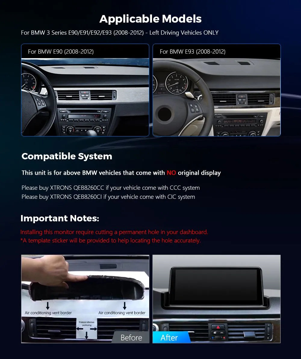 Xtrons 10.25" Head Unit Display Upgrade For BMW 3 Series/M3 E9X 2007-2013 (No Original Display) | 4GB RAM & 64GB ROM