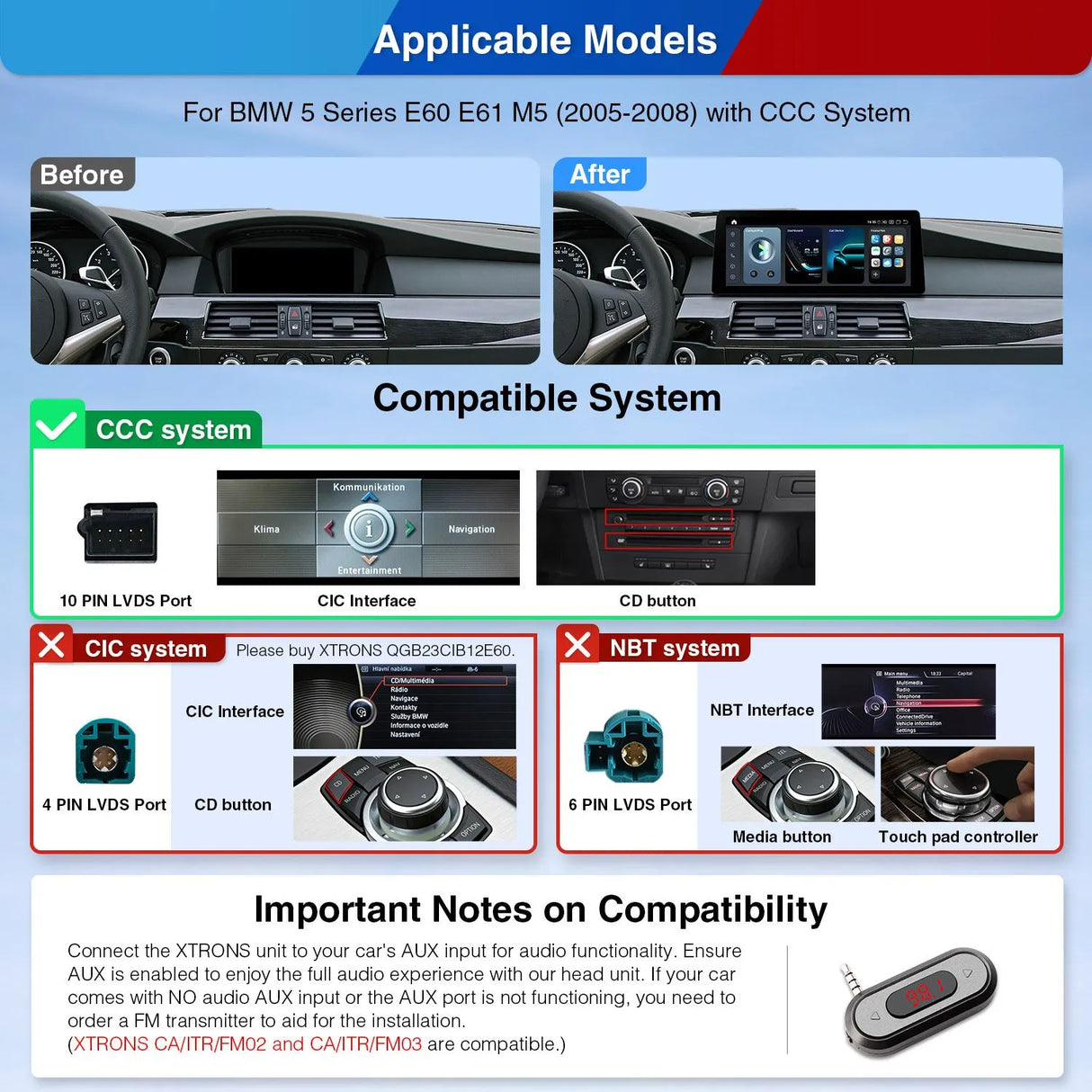 Xtrons Q Series 12.3" Head Unit Display Upgrade For BMW 5 Series/M5 E60 2005-2008 (CCC) | 8GB RAM & 128GB ROM