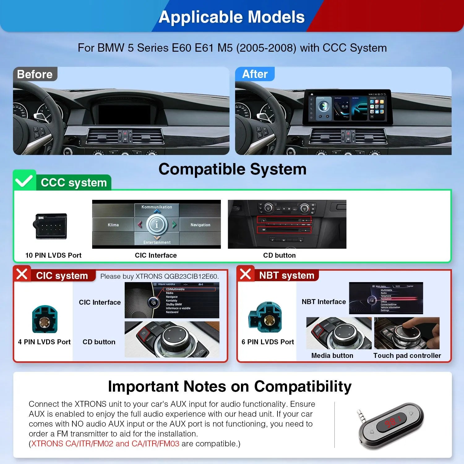 Xtrons Q Series 12.3" Head Unit Display Upgrade For BMW 5 Series/M5 E60 2005-2008 (CCC) | 8GB RAM & 128GB ROM