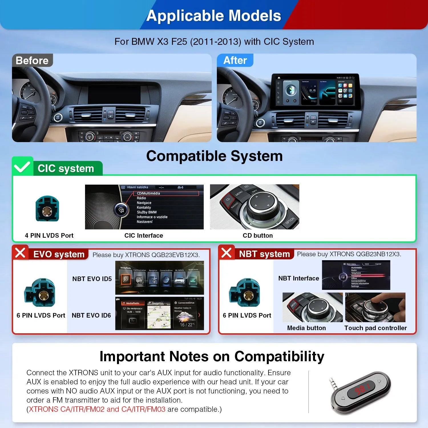 Xtrons Q Series 12.3" Head Unit Display Upgrade For BMW X3 F25 2011-2013 (CIC) | 8GB RAM & 128GB ROM