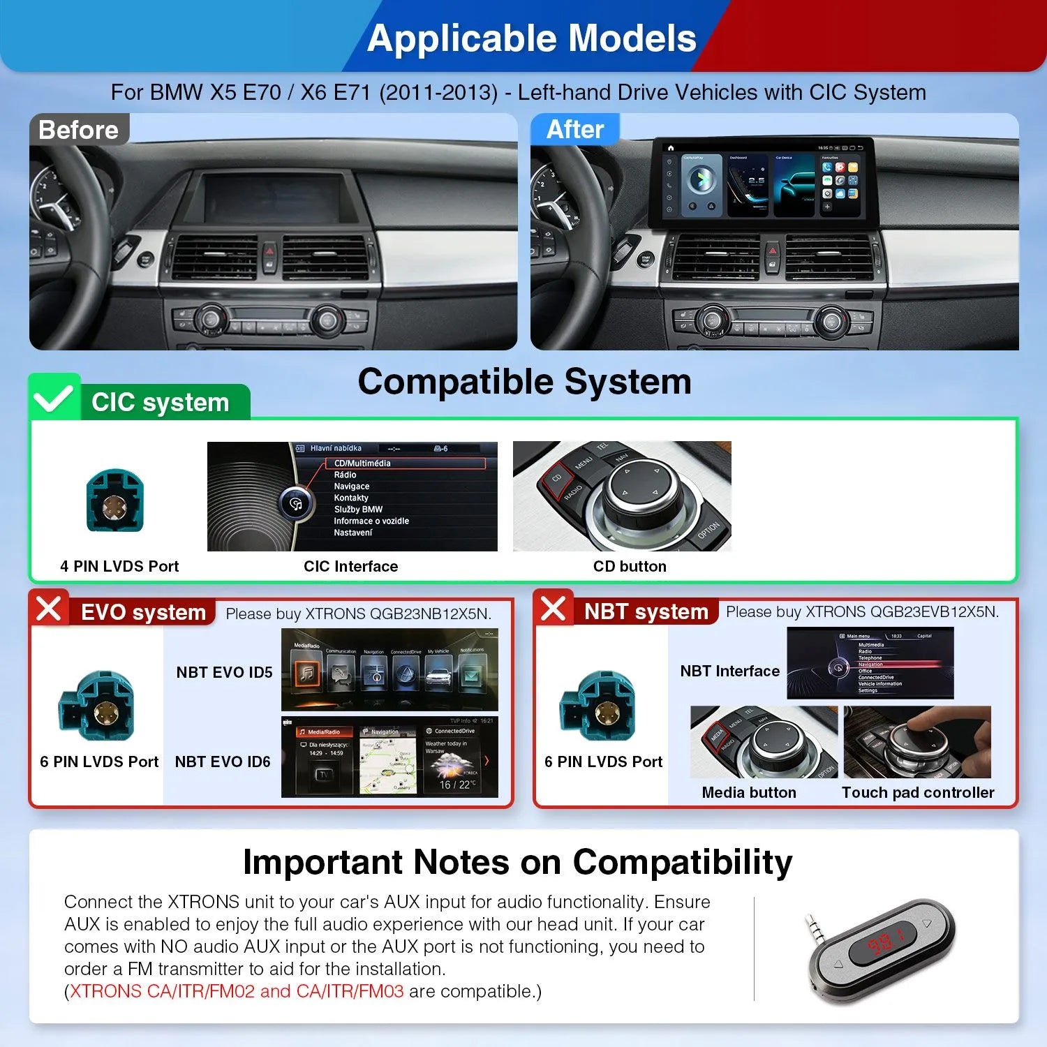 Xtrons Q Series 12.3" Head Unit Display Upgrade For BMW X5/X6/M E70/E71 2011-2013 (CIC) | 8GB RAM & 128GB ROM