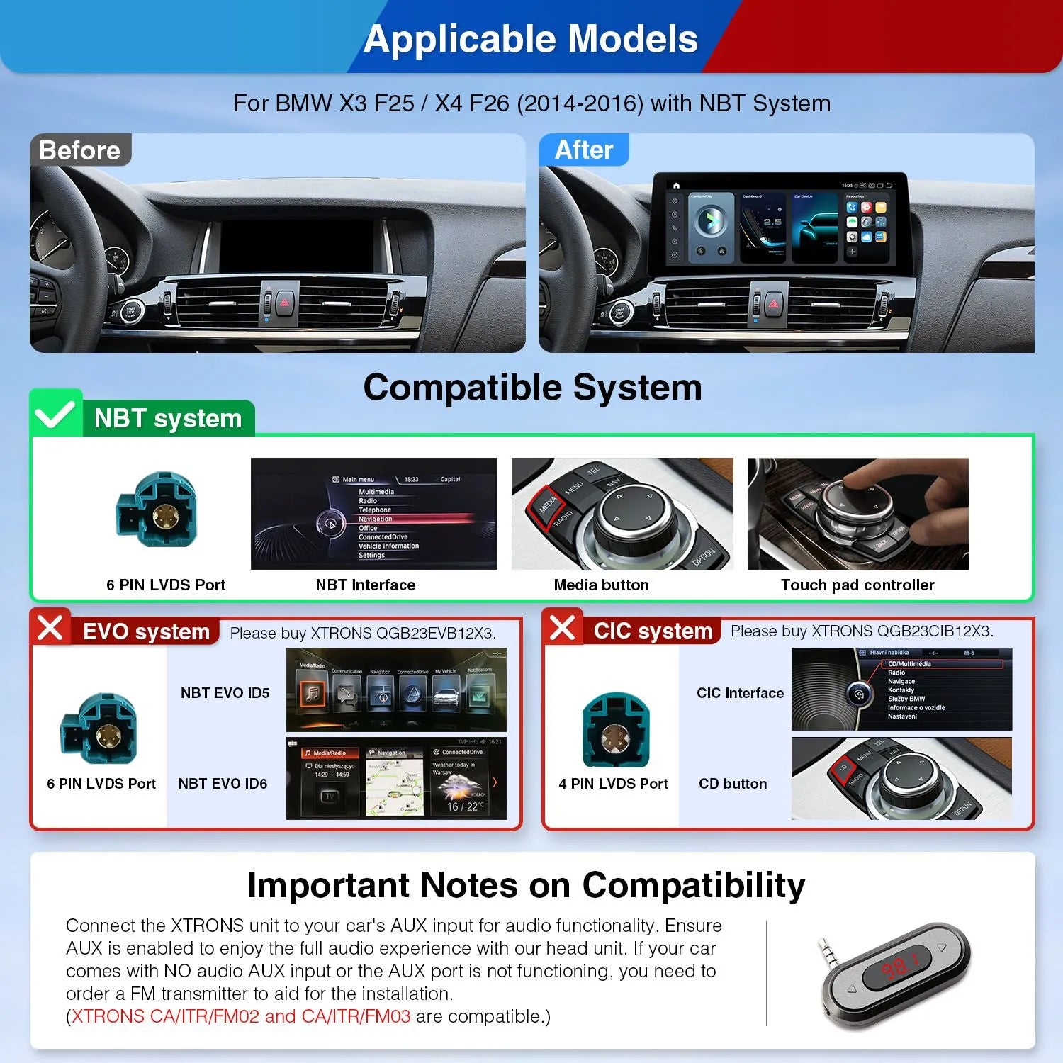 Xtrons Q Series 12.3" Head Unit Display Upgrade For BMW X3/X4 F25/F26 2014-2016 (NBT) | 8GB RAM & 128GB ROM