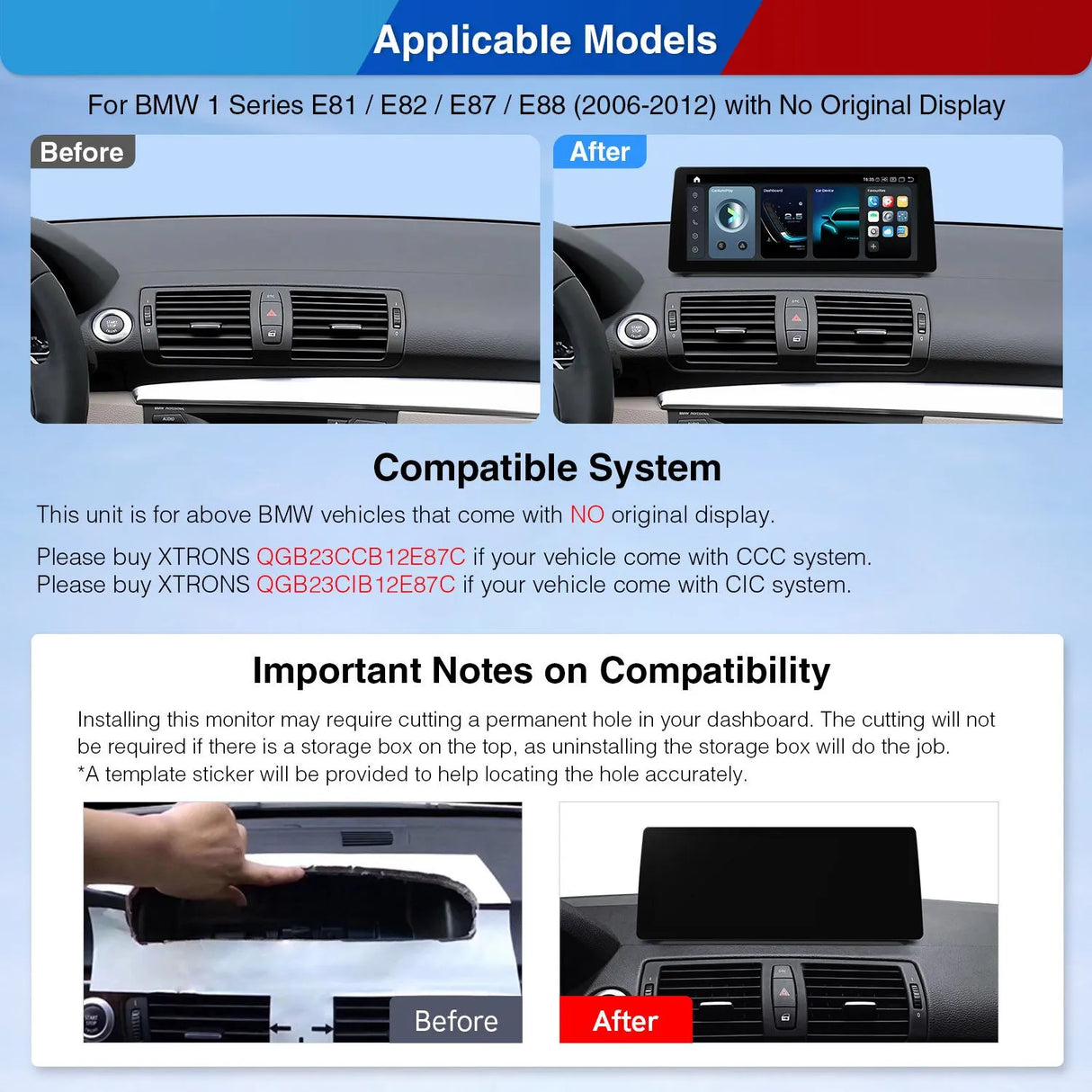 Xtrons Q Series 12.3" Head Unit Display Upgrade For BMW 1 Series E8X (No Original Display) | 8GB RAM & 128GB ROM