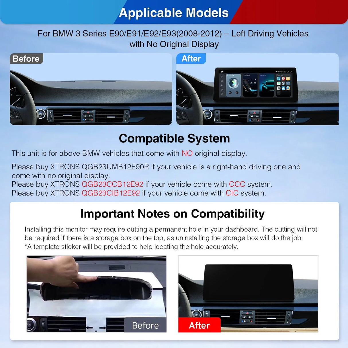 Xtrons Q Series 12.3" Head Unit Display Upgrade For BMW 3 Series/M3 E9X (No Original Display) | 8GB RAM & 128GB ROM
