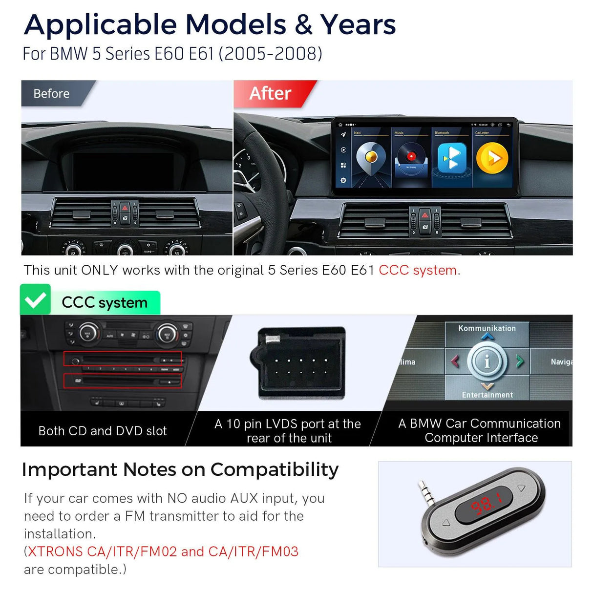 Xtrons 12.3" Head Unit Display Upgrade For BMW 5 Series/M5 E60/E61 2005-2008 (CCC) | 4GB RAM & 64GB ROM
