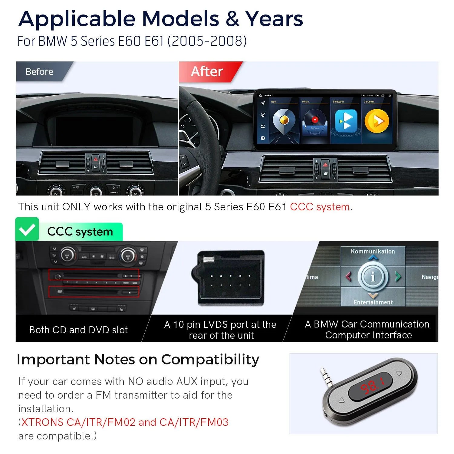 Xtrons 12.3" Head Unit Display Upgrade For BMW 5 Series/M5 E60/E61 2005-2008 (CCC) | 4GB RAM & 64GB ROM