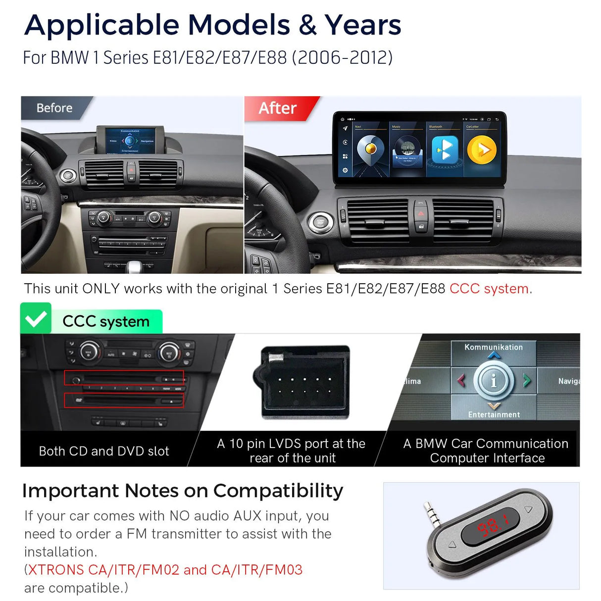 Xtrons 12.3" Head Unit Display Upgrade For BMW 1 Series E8X 2006-2012 (CCC) | 4GB RAM & 64GB ROM