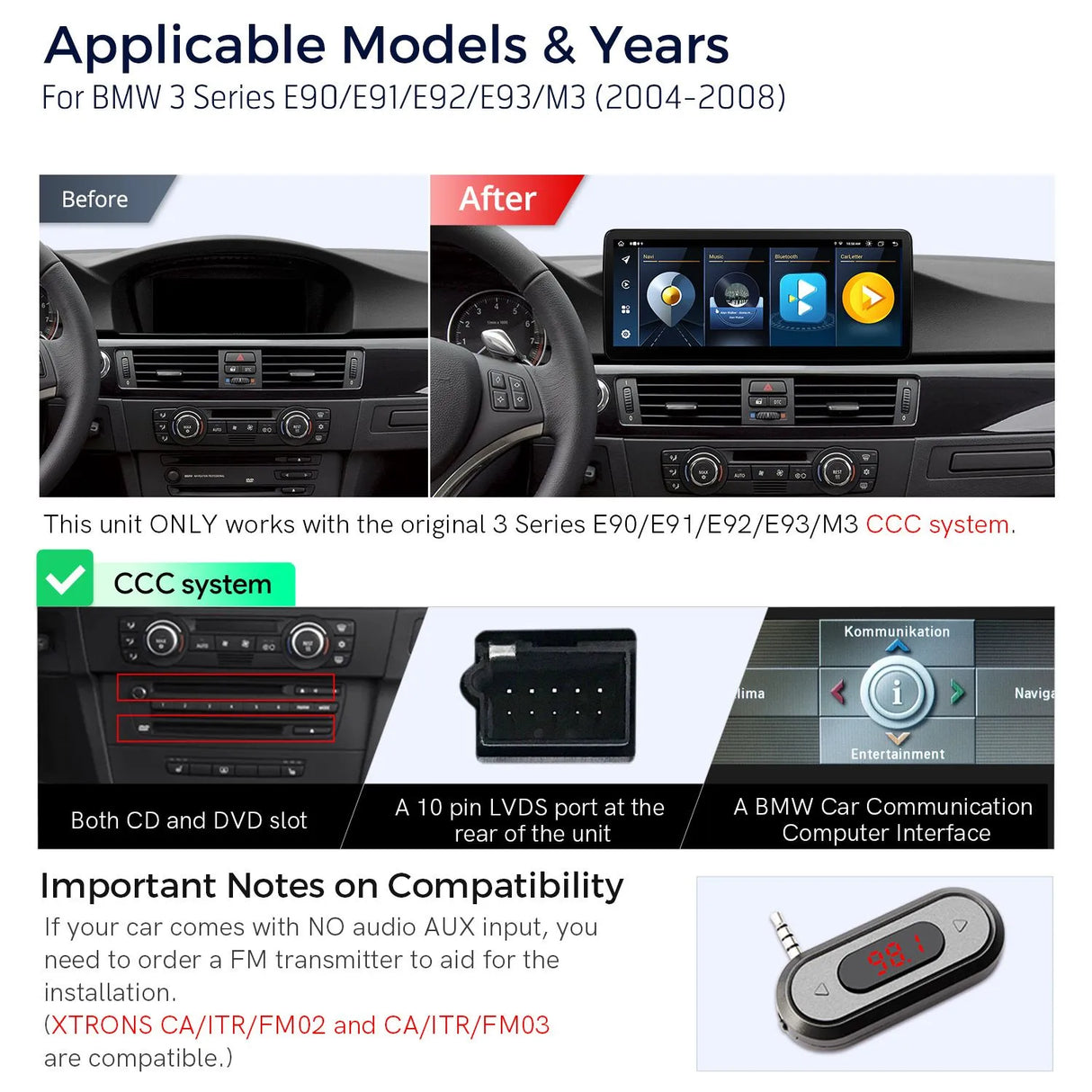 Xtrons 12.3" Head Unit Display Upgrade For BMW 3 Series/M3 E9X 2004-2008 (CCC) | 4GB RAM & 64ROM