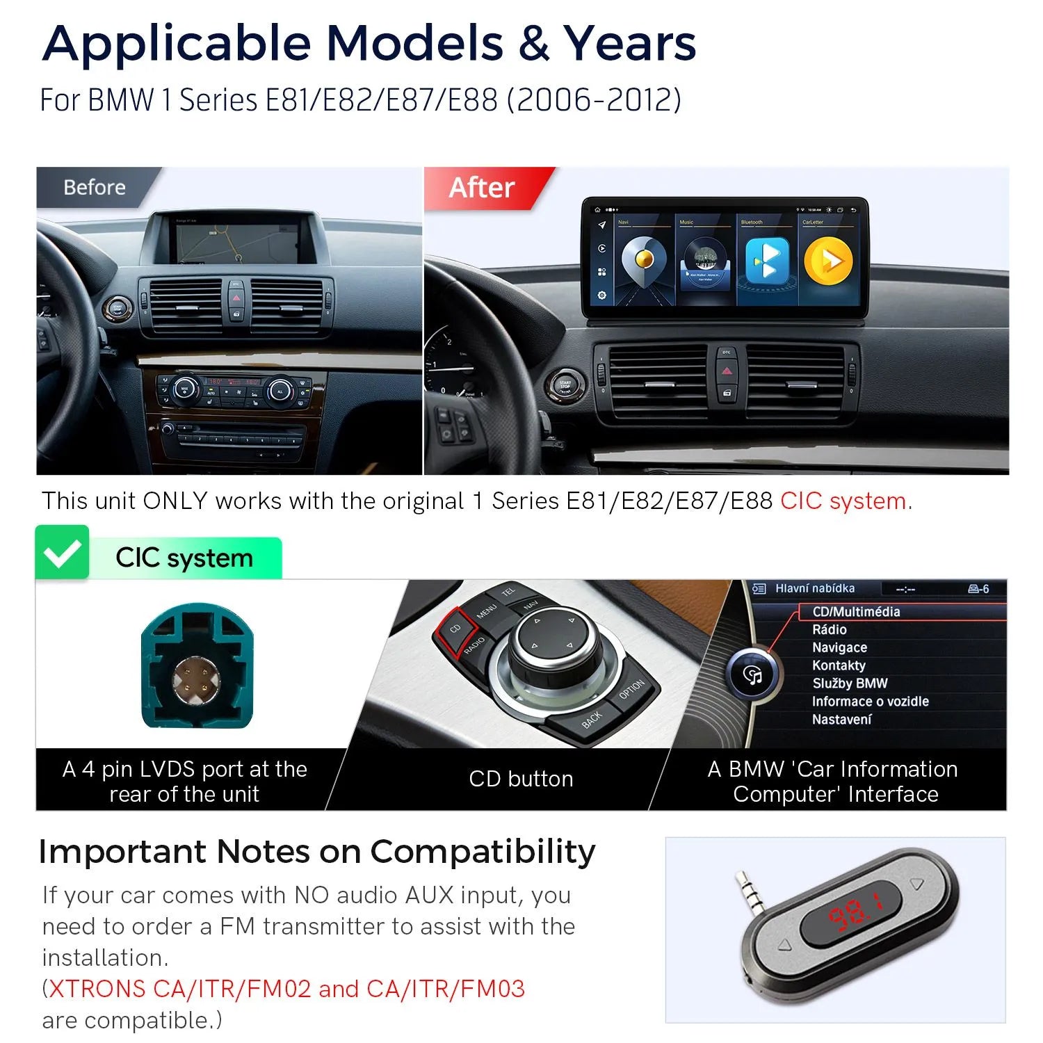 Xtrons 12.3" Head Unit Display Upgrade For BMW 1 Series E8X 2009-2012 (CIC) | 4GB RAM & 64GB ROM