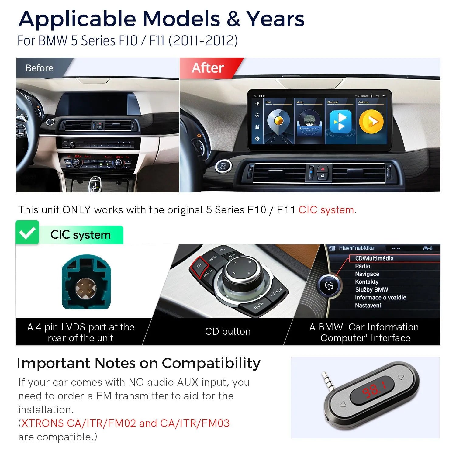 Xtrons 12.3" Head Unit Display Upgrade For BMW 5 Series F10/F11 2011-2012 (CIC) | 4GB RAM & 64GB ROM