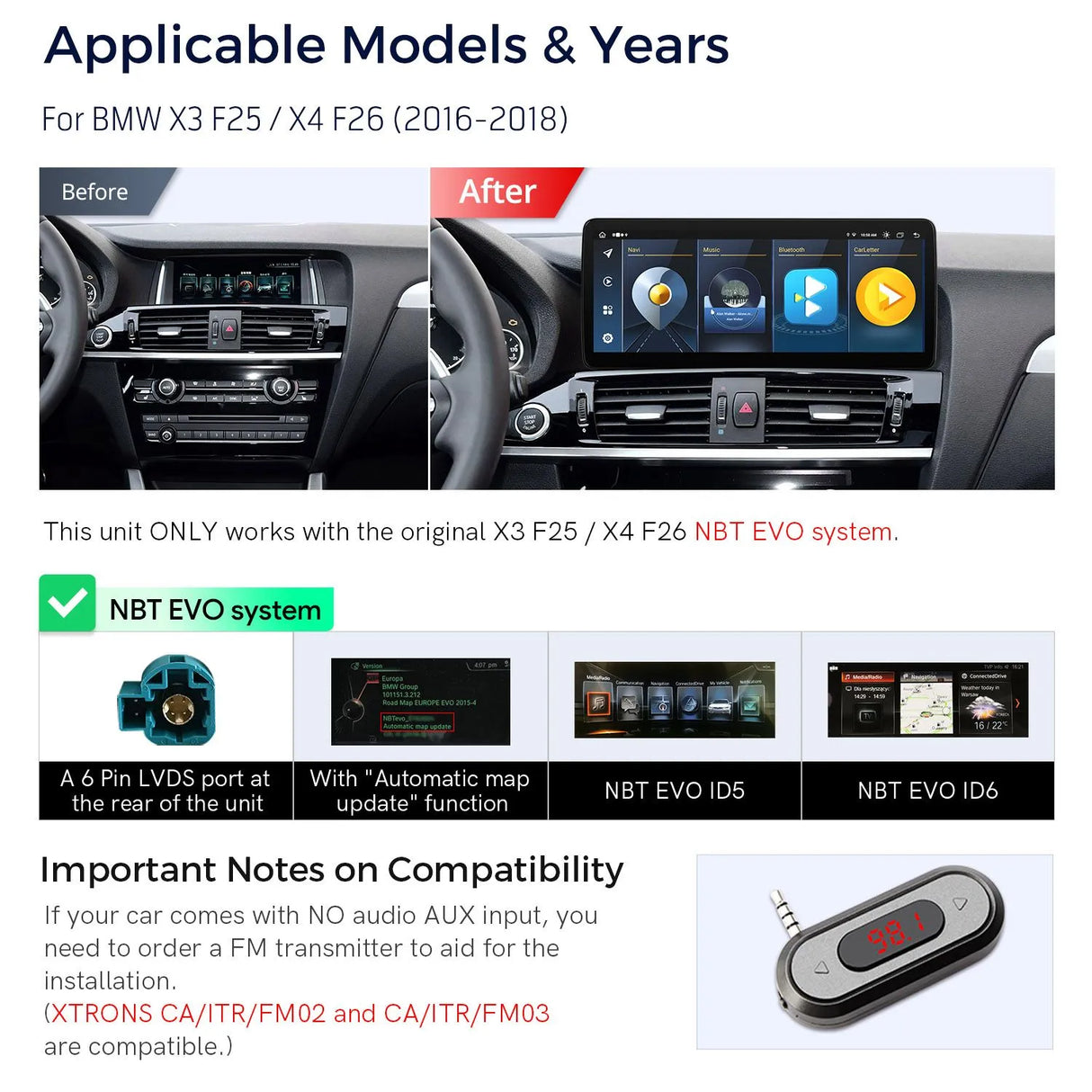 Xtrons 12.3" Head Unit Display Upgrade For BMW X3/X4 F25/F26 2016-2018 (NBT EVO) | 4GB RAM & 64GB