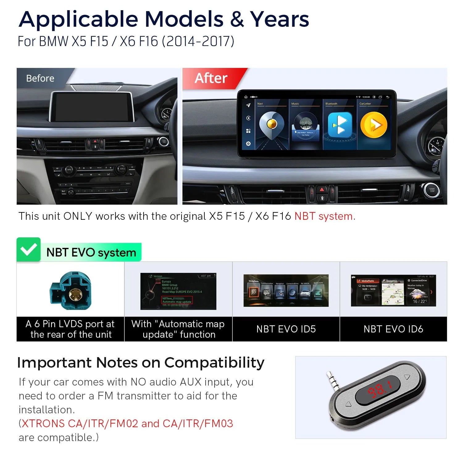 Xtrons 12.3" Head Unit Display Upgrade For BMW X5/X6 X5M/X6M F15/F16 F85/F86 2017-2018 (NBT EVO) | 4GB RAM & 64GB ROM