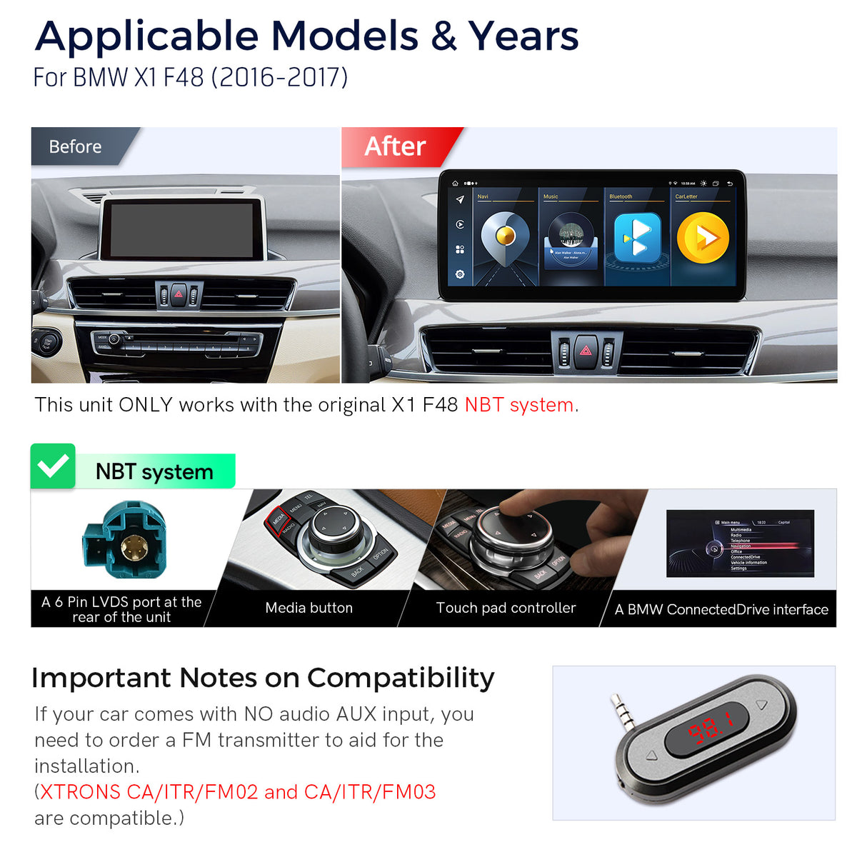 Xtrons 12.3" Head Unit Display Upgrade For BMW X1 F48 2016-2017 (NBT) | 4GB RAM & 64GB ROM
