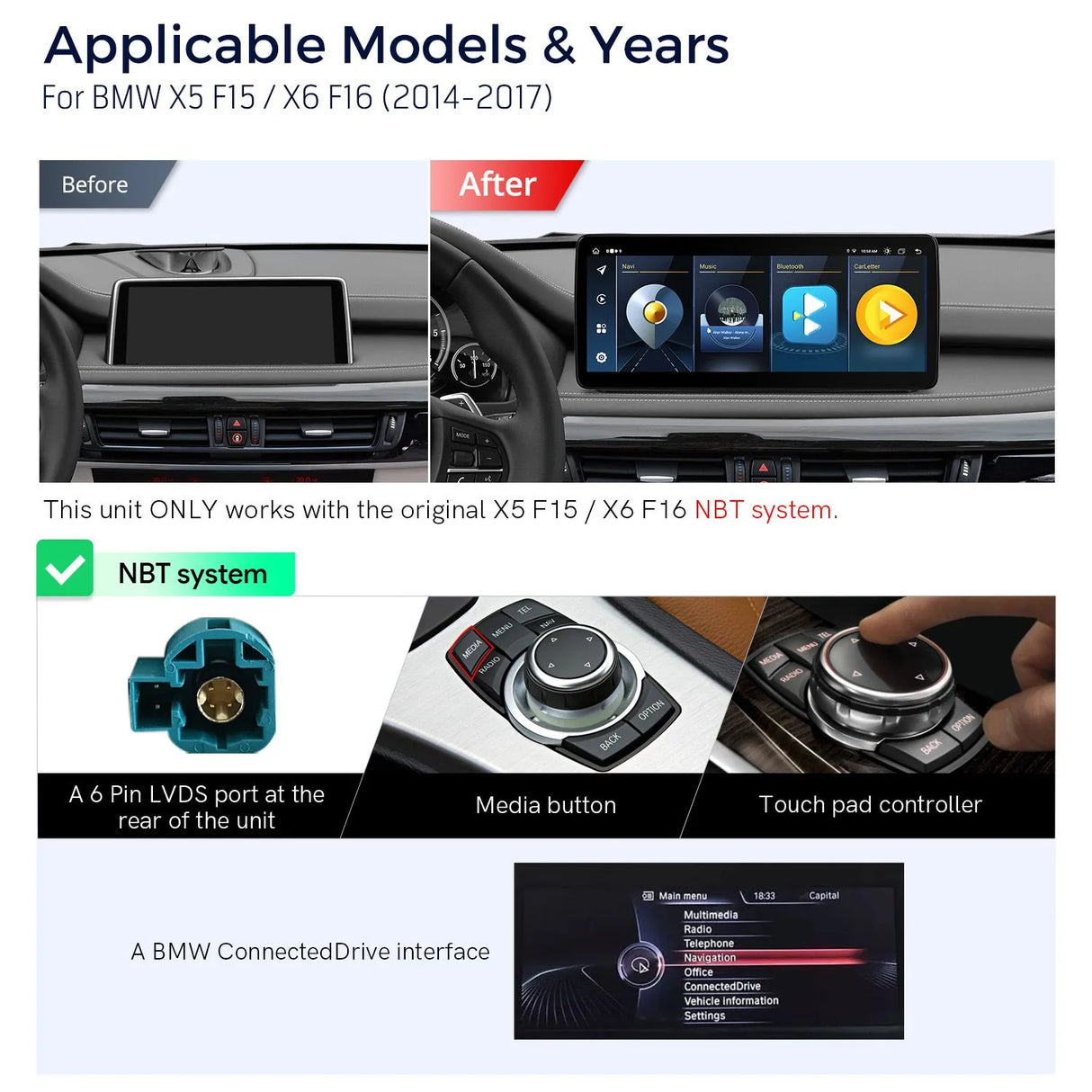 Xtrons 12.3" Head Unit Display Upgrade For BMW X5/X6 X5M/X6M F15/F16 F85/F86 2014-2017 (NBT) | 4GB RAM & 64GB ROM