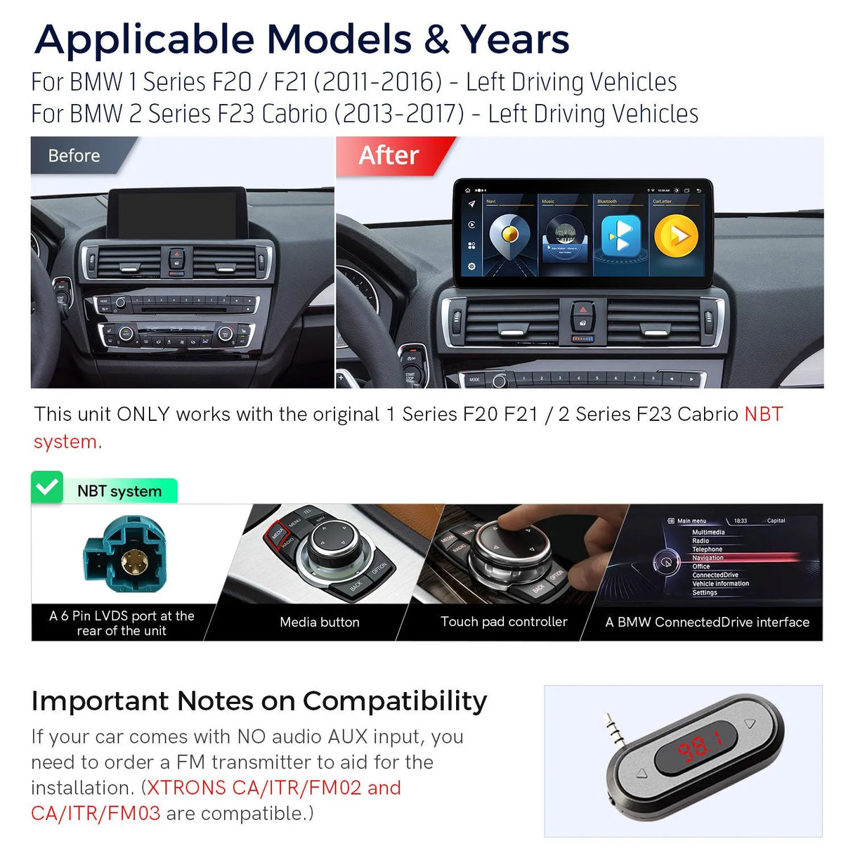 Xtrons 12.3" Head Unit Display Upgrade For BMW 1/2 Series F20/F21/F22/F23 2011-2017 (NBT) | 4GB RAM & 64GB ROM