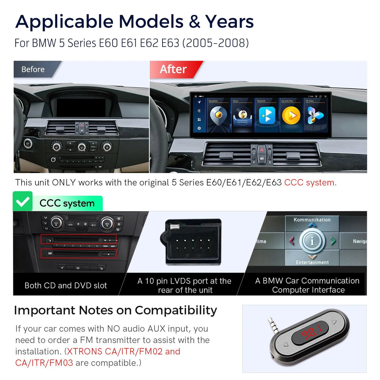Xtrons 14.9" Head Unit Display Upgrade For BMW 5 Series & M5 E60 2004-2008 (CCC)