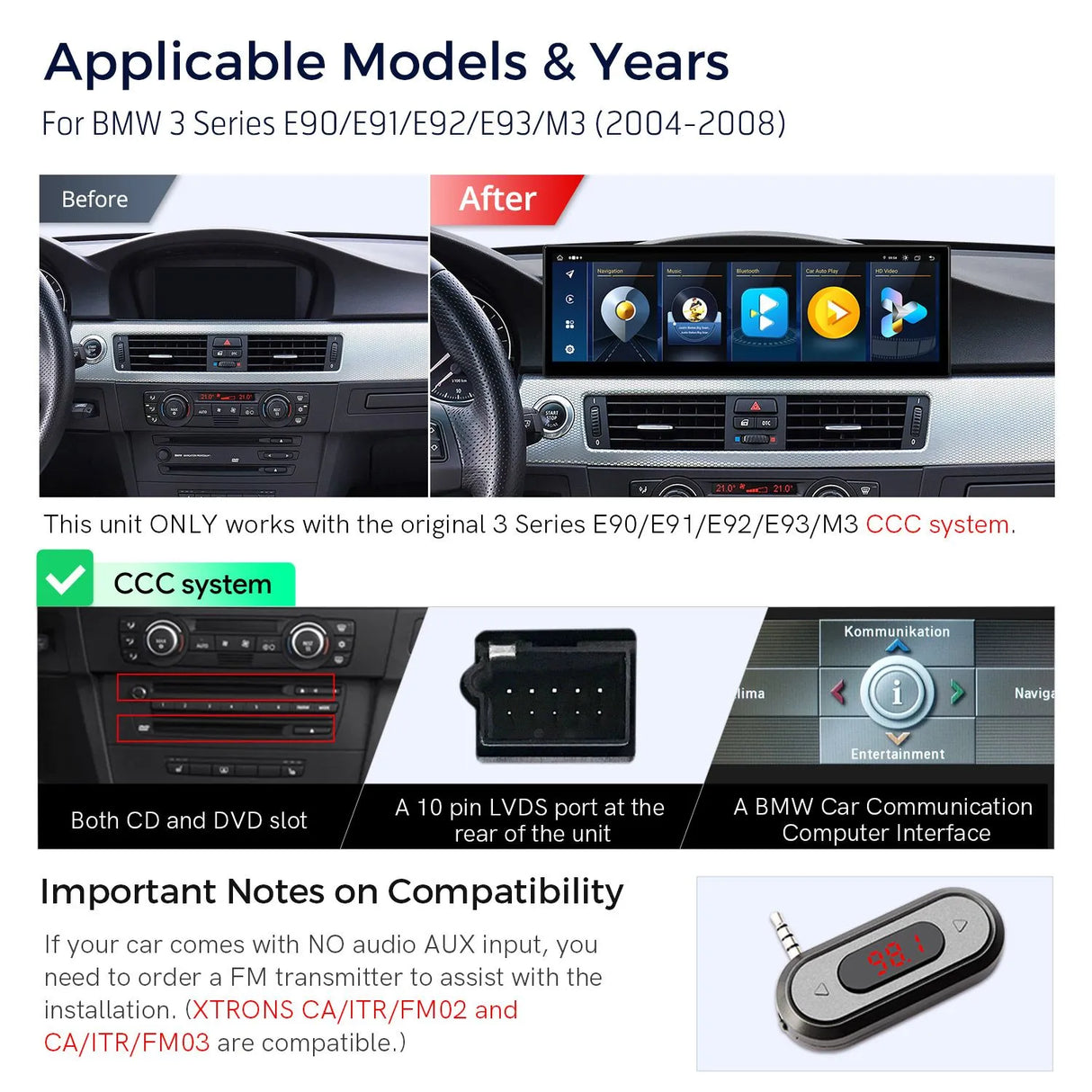 Xtrons 14.9" Head Unit Display Upgrade For BMW 3 Series E9X & M3 2004-2008 (CCC)