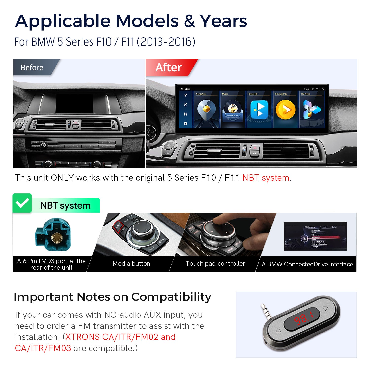 Xtrons 14.9" Head Unit Display Upgrade For BMW 5 Series & M5 F10/F11 2013-2016 (NBT)