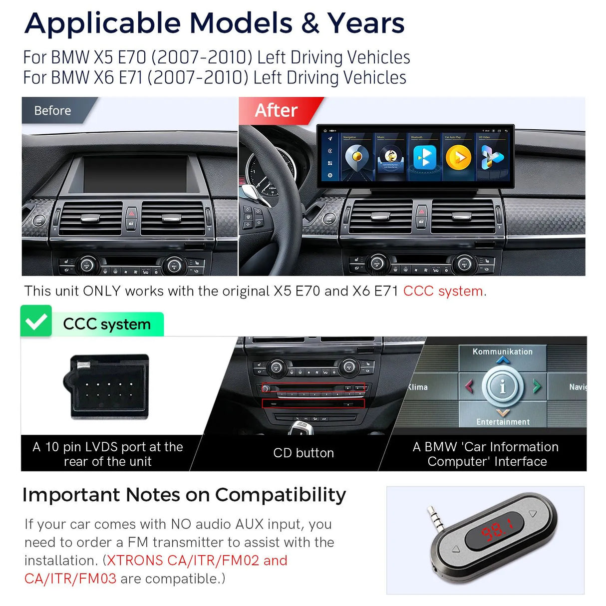 Xtrons 14.9" Head Unit Display Upgrade For BMW X5/X6/M E70/E71 2007-2010 (CCC)