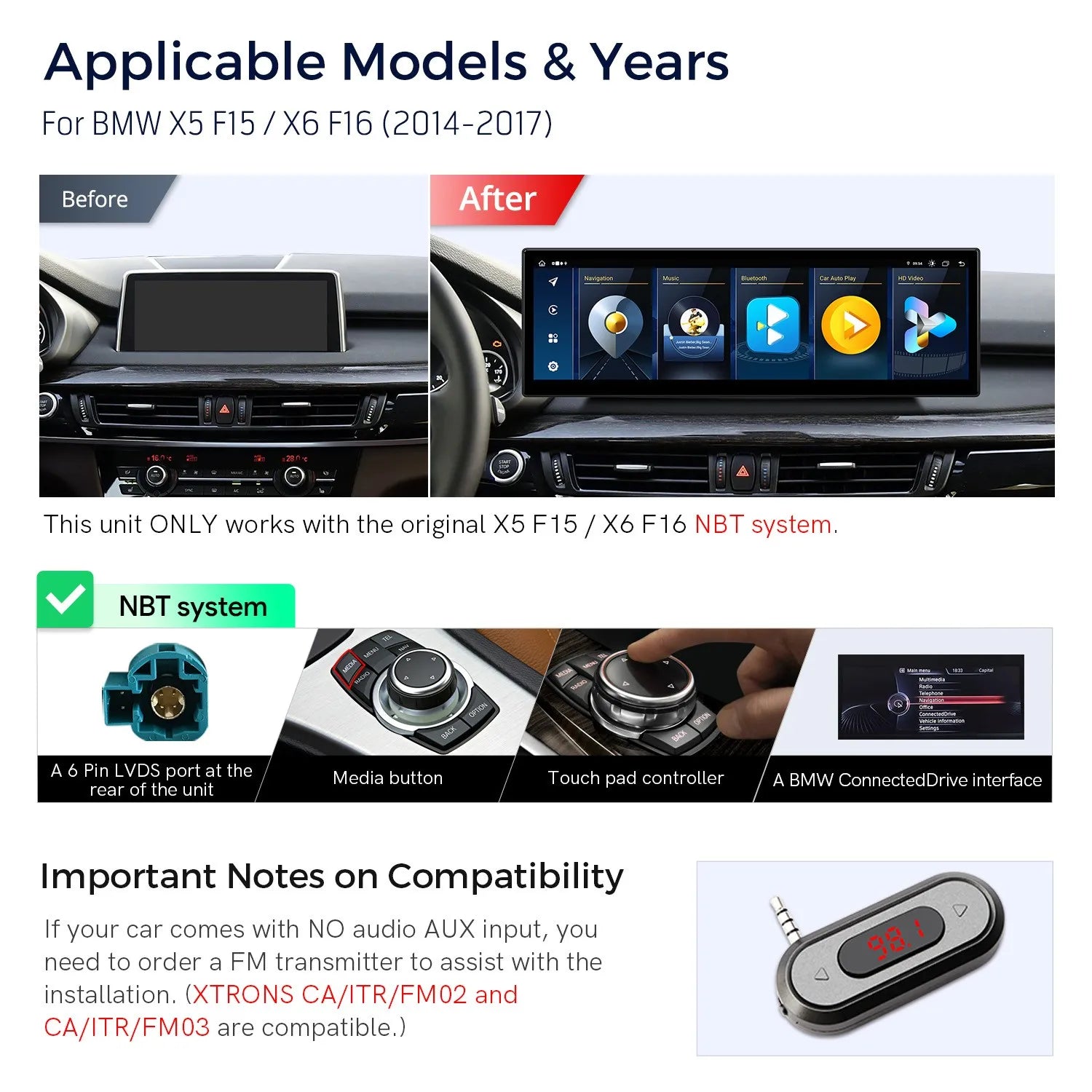 Xtrons 14.9" Head Unit Display Upgrade For BMW X5/X6 X5M/X6M F15/F16 F85/F86 2014-2017 (NBT)