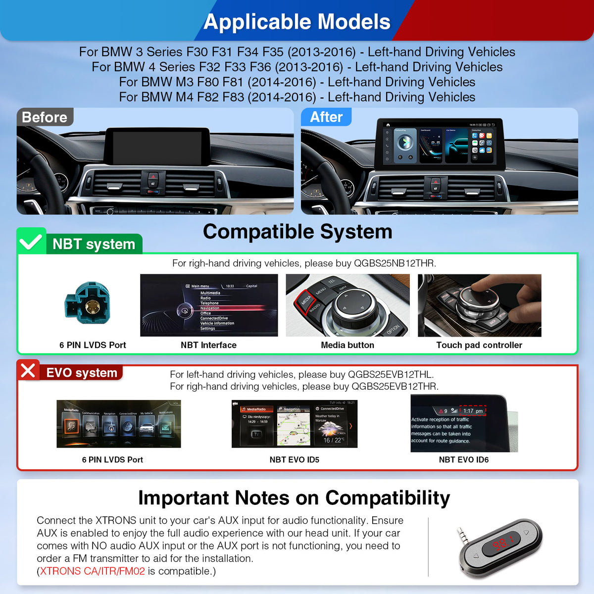 Xtrons 12.3" Head Unit Display Upgrade For BMW F3X 3/4 Series & F8X M3/M4 2013-2016 (NBT) | 6GB RAM & 64GB ROM