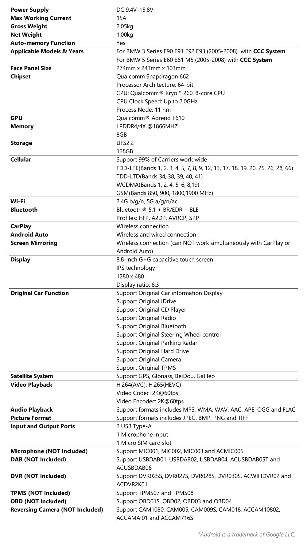Xtrons 8.8" Head Unit Display Upgrade For BMW 3/5 Series & M3/M5 2005-2008 (CCC) | 8GB RAM & 128GB ROM