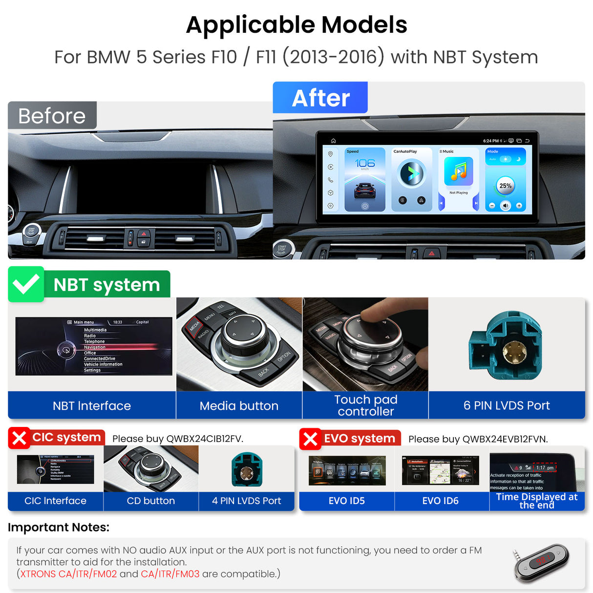 Xtrons 12.3" Head Unit Display Upgrade For BMW 5 Series & M5 F10/F11 2013-2016 (NBT)