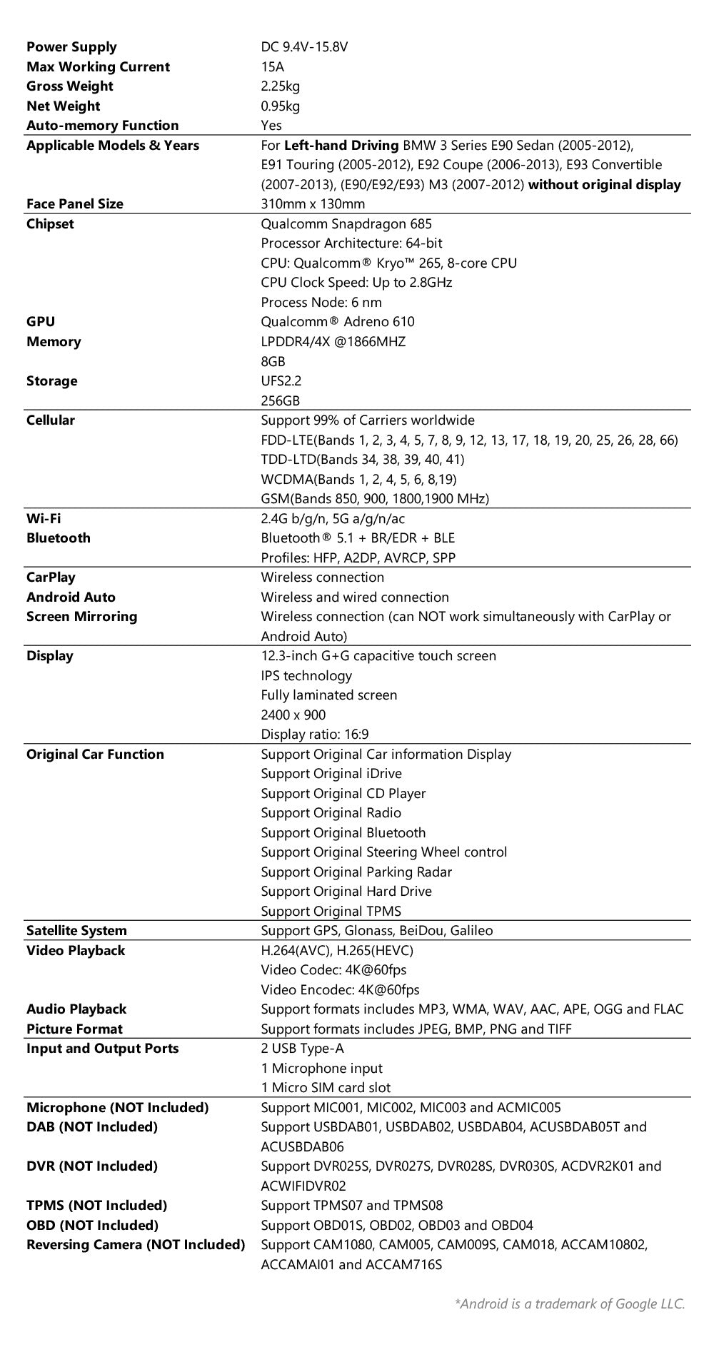 Xtrons 12.3" Head Unit Display Upgrade For BMW 3 Series/M3 E9X (No Original Display) | 8GB RAM & 256GB ROM