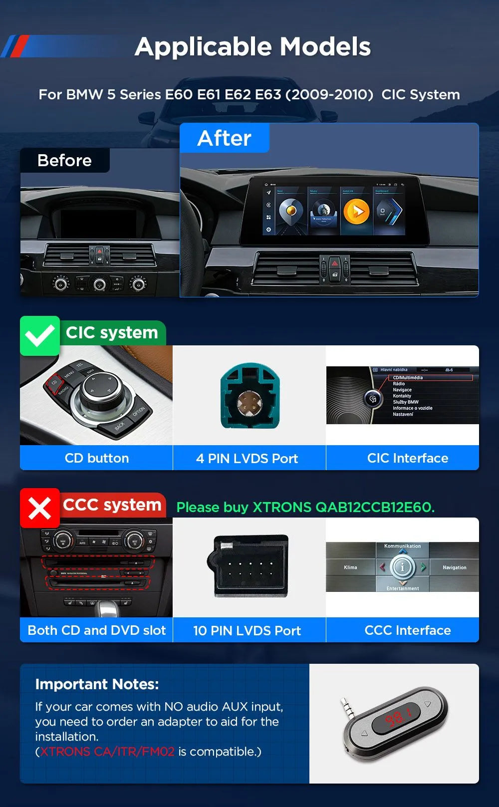 Xtrons Head Unit for BMW 5 Series E6X 2009/10 CIC | Fully Laminated | 8GB RAM & 128GB ROM |