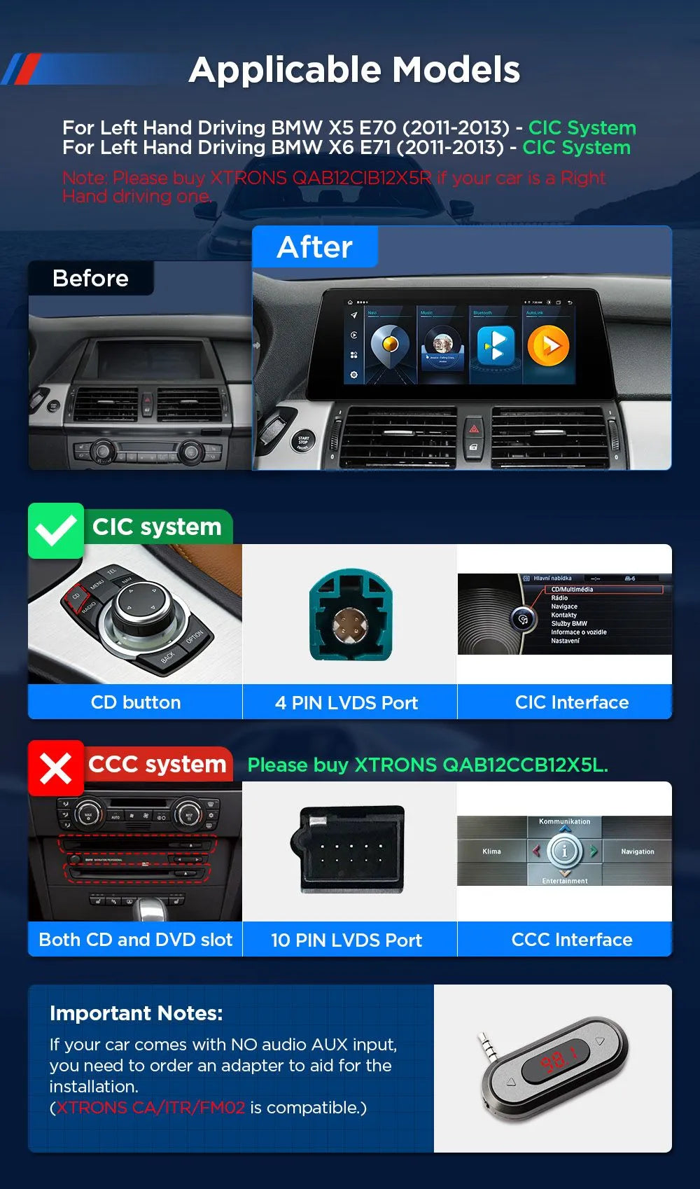 Xtrons Head Unit for BMW E70/E71 X5/X6 2011-2013 (CIC) | 8GB RAM & 128GB ROM