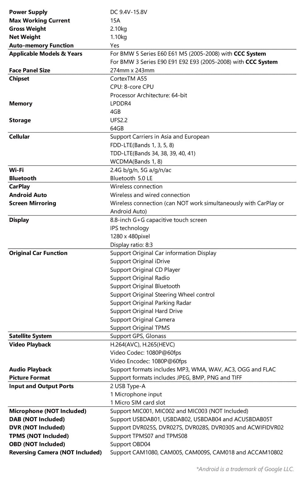 Xtrons 8.8" Head Unit Display Upgrade For BMW 3/5 Series & M3/M5 E9X/E6X 2005-2008 (CCC) | 4GB RAM & 64GB ROM