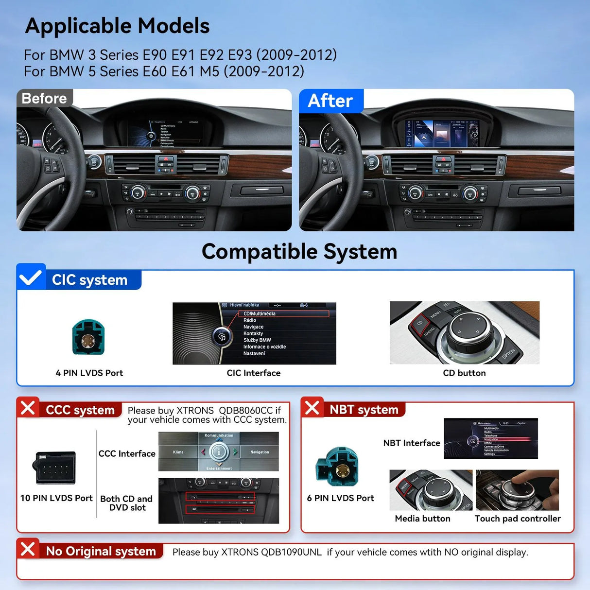 Xtrons 8.8" Head Unit Display Upgrade For BMW 3/5 Series & M3/M5 E9X/E6X 2009-2012 (CIC) | 4GB RAM & 64GB ROM