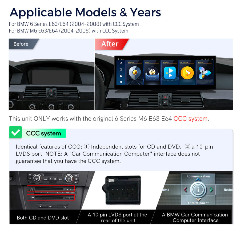 Xtrons 14.9" Head Unit Display Upgrade For BMW 6 Series & M6 E63/E64 2004-2008 (CCC)