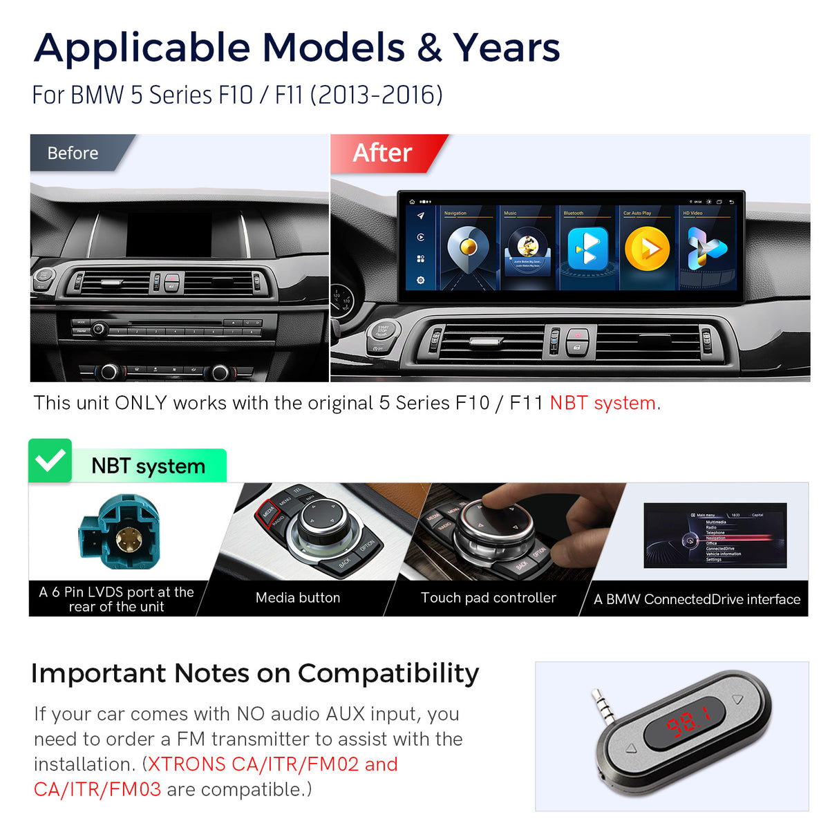 Xtrons 14.9" Head Unit Display Upgrade For BMW 5 Series & M5 F10/F11 2013-2016 (NBT)