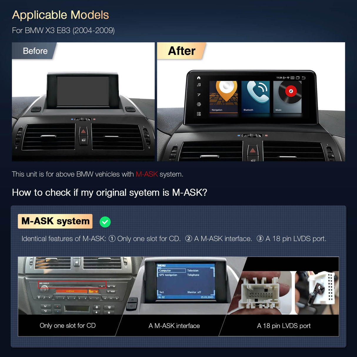 Xtrons 10.25" Head Unit Display Upgrade For BMW X3 E83 2004-2009 (M-ASK) | 4GB RAM & 64GB ROM