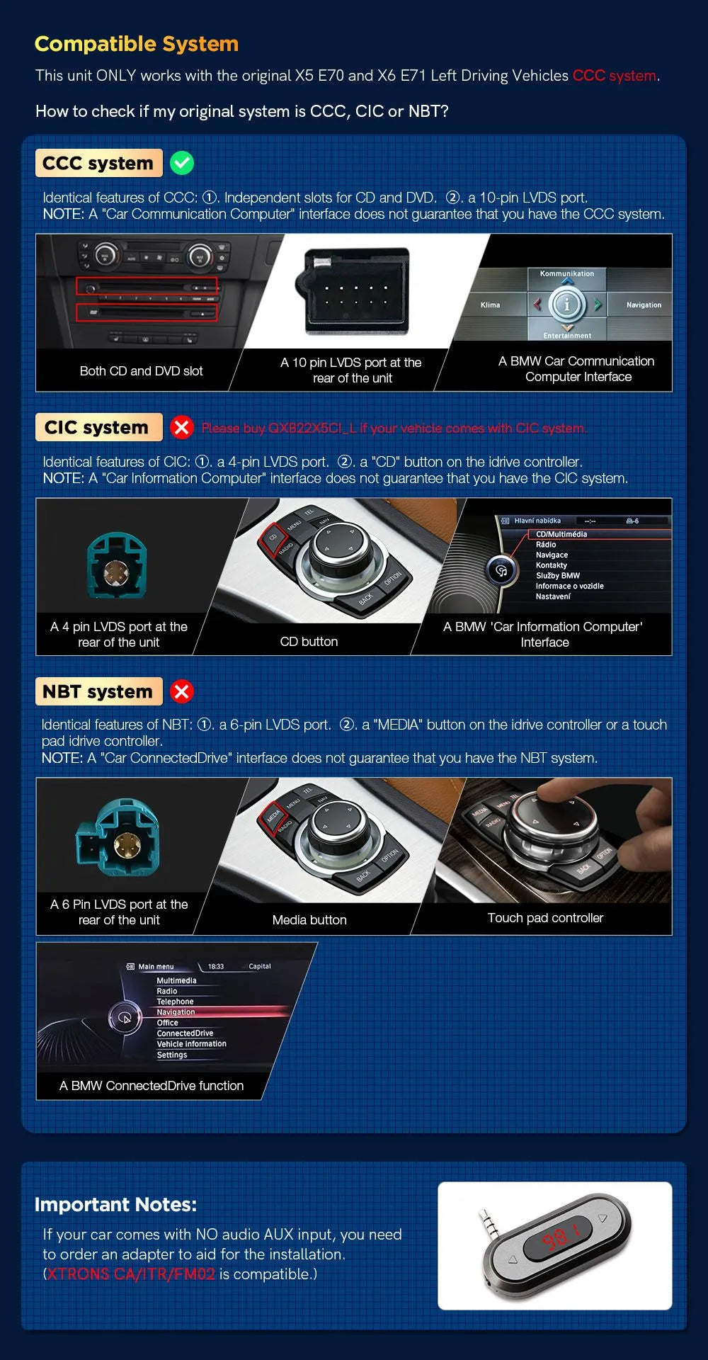Xtrons Head Unit for 2007-2010 BMW X5/X6 E70/E71 (CCC) | 8GB RAM & 128GB ROM